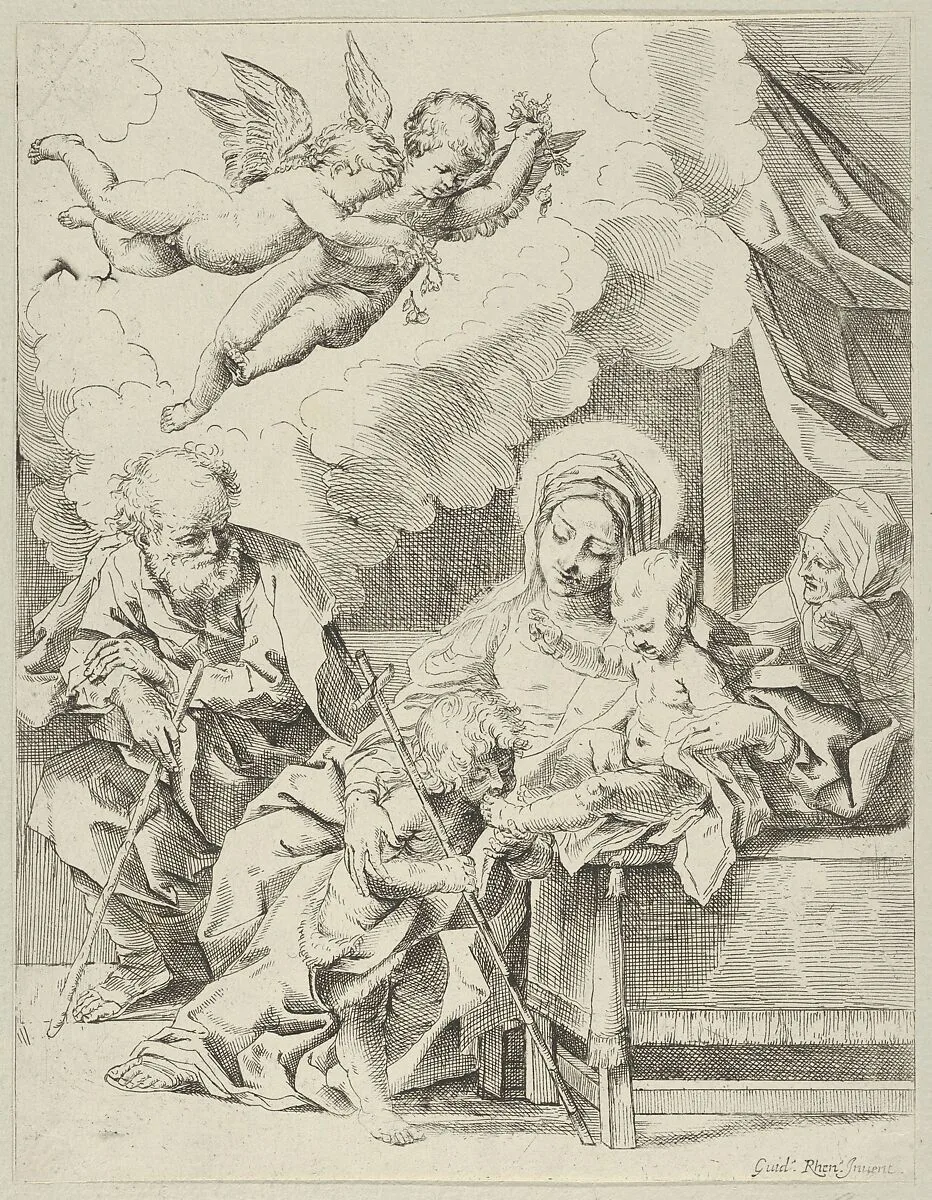 The Holy Family with young John the Baptist and Saint Elizabeth, two angels above, after Reni — Guido Reni|Anonymous, 17th century