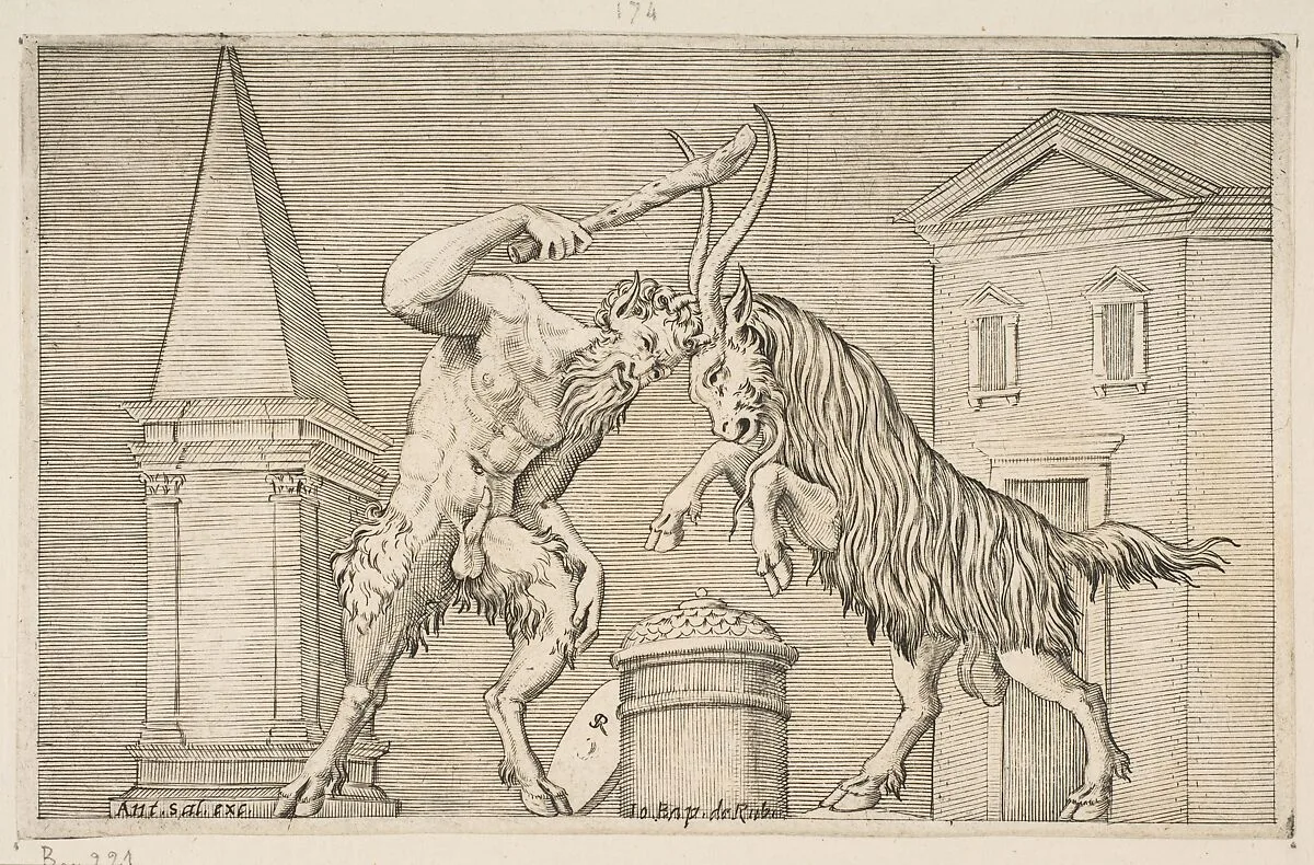 A satyr and a ram attacking each other, the satyr weilding a club with his right hand, a shield resting against a small column at center, buildings in the background — Marco Dente|Antonio Salamanca|Giovanni Giacomo De Rossi