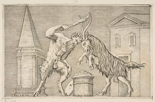 A satyr and a ram attacking each other, the satyr weilding a club with his right hand, a shield resting against a small column at center, buildings in the background