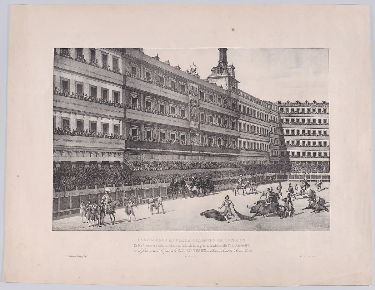 A bull fight in the Plaza Mayor, Madrid, on June 22 1833 in the presence of Isabel II — Henri-Pierre-Léon-Pharamond Blanchard|Real Establecimiento Litográfico, Madrid|José de Madrazo