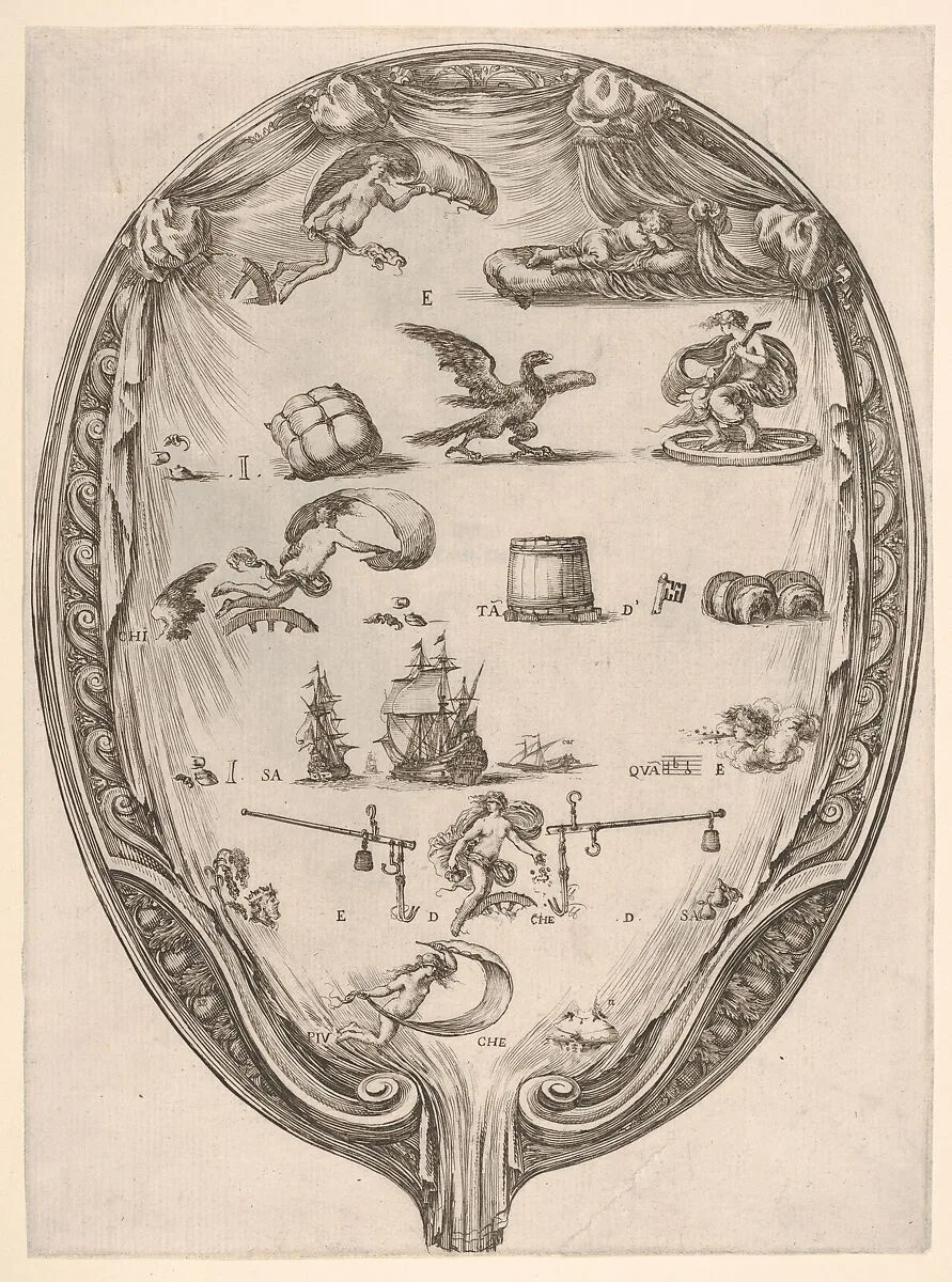 Rébus on the subject of fortune, a riddle depicted on drapery surrounded by a frame, an oval composition — Stefano della Bella