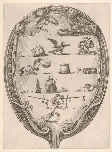 Rébus on the subject of fortune, a riddle depicted on drapery surrounded by a frame, an oval composition