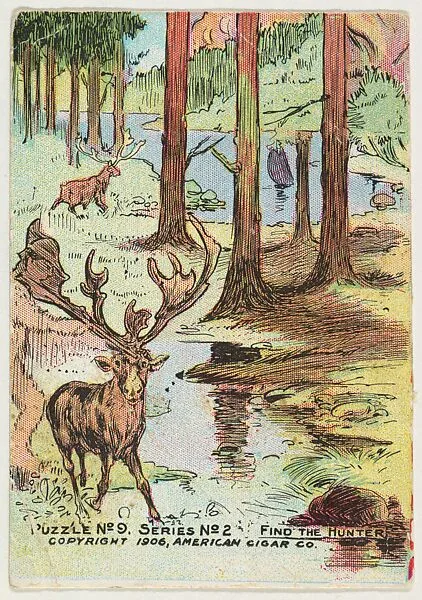 Puzzle No. 9, Series No. 2, Find the Hunter, from the Puzzle Picture Cards series (T127), issued by the American Cigar Co. to promote Royal Bengals Cigars — American Cigar Co.