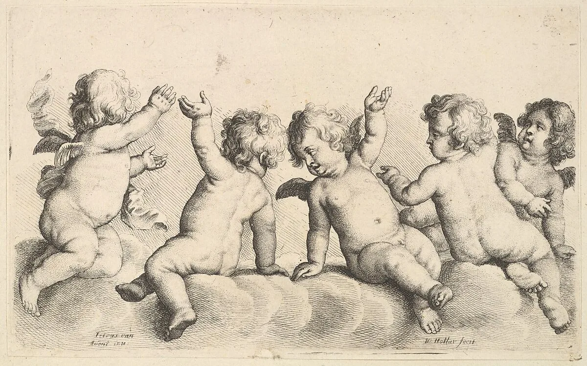 Three cherubs and two boys on clouds — Wenceslaus Hollar|Pieter van Avont