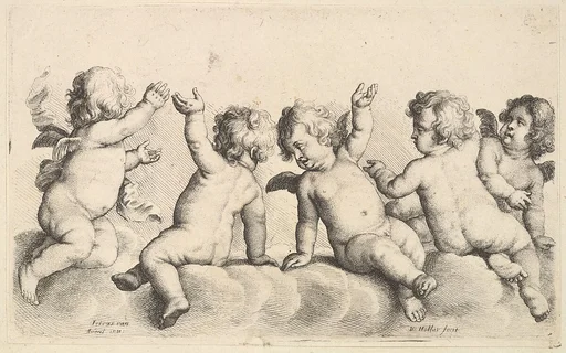 Three cherubs and two boys on clouds