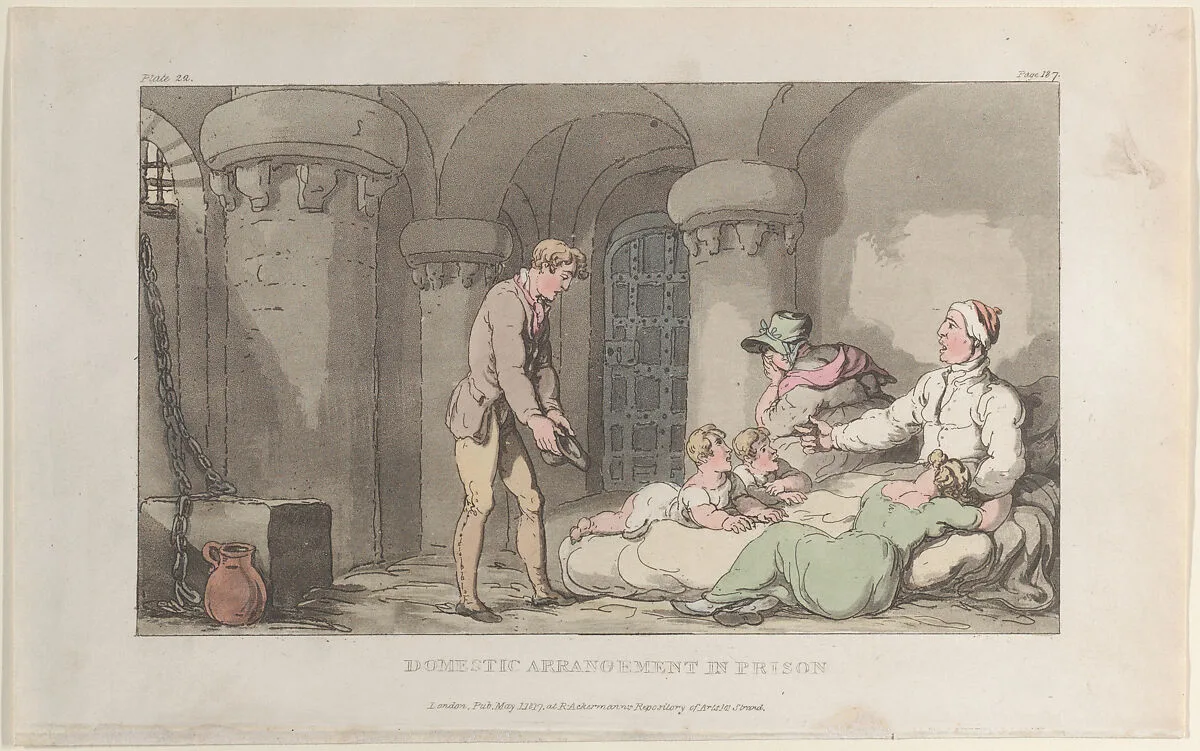 Domestic Arrangements in Prison — Rudolph Ackermann, London|William Clowes|Oliver Goldsmith|Thomas Rowlandson