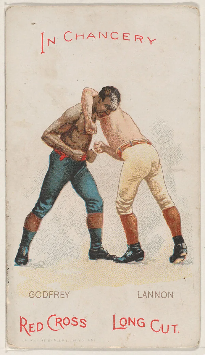 In Chancery, George Godfrey and Joe Lannon, from the Boxing Positions and Boxers series (N266) issued by P. Lorillard Company to promote Red Cross Long Cut Tobacco — P. Lorillard Company|H.A. Thomas & Wylie Lithographer Co., New York