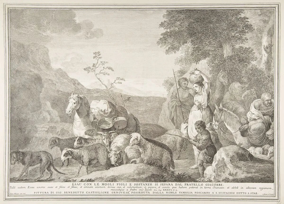 Esau and his family parting ways with Jacob (Esau con le mogli figli e sostanze si separa dal fratello Giacobbe) — Pietro Monaco|Giovanni Benedetto Castiglione (Il Grechetto)