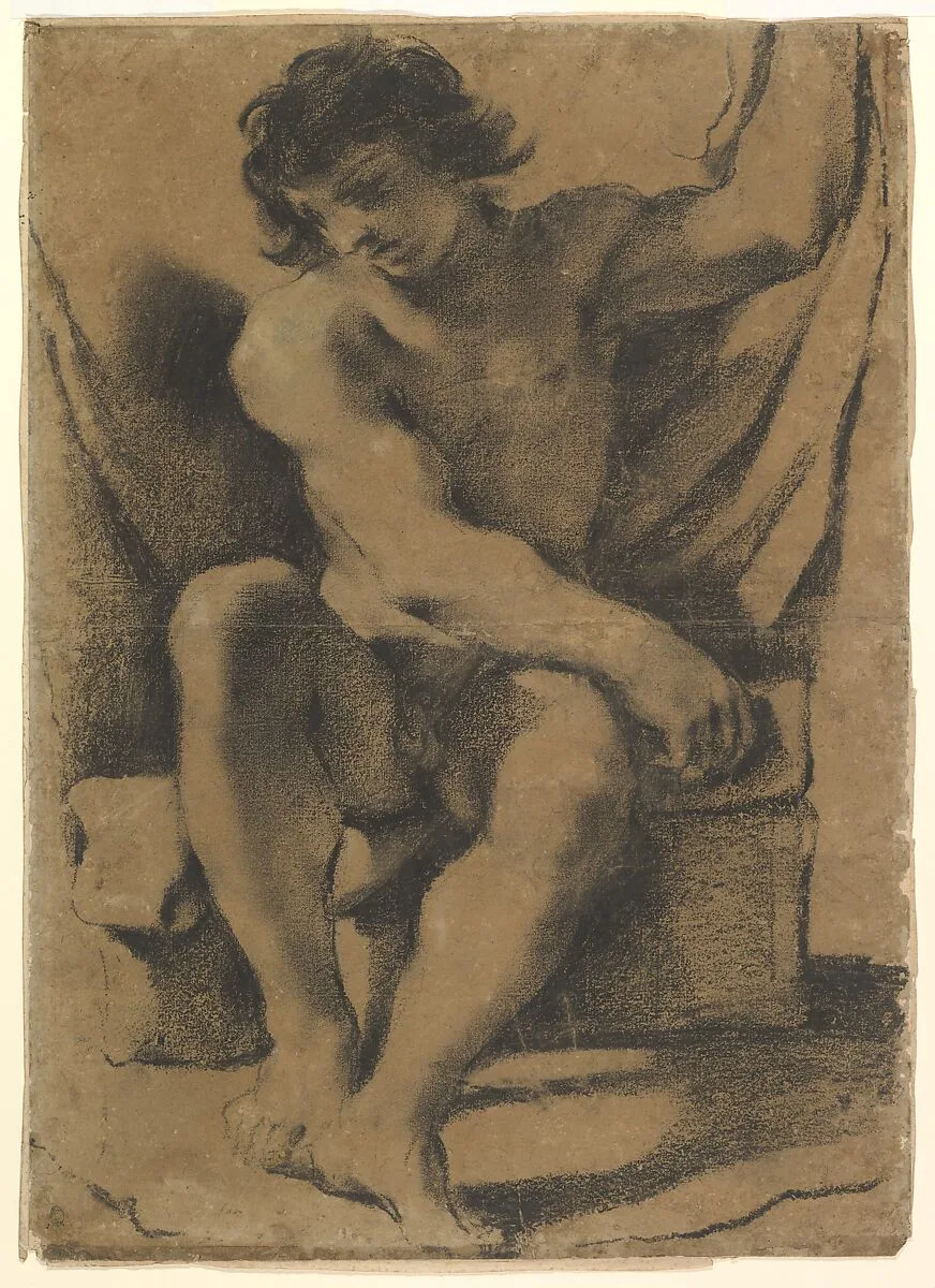 Seated Nude Young Man in Nearly Frontal View — Guercino (Giovanni Francesco Barbieri)