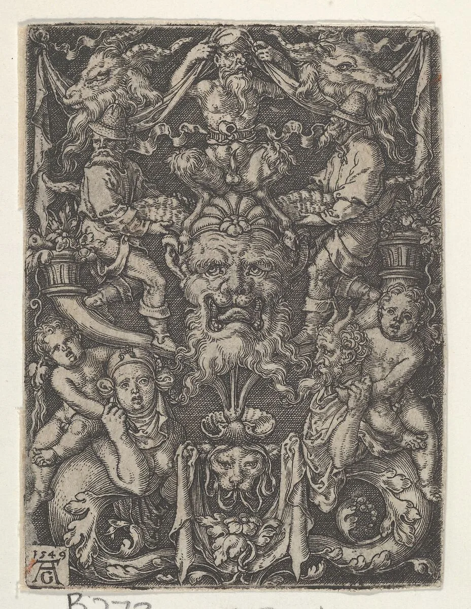 Panel with Grotesque Candelabrum Containing a Mask, a Couple of Tritons and Two Children — Heinrich Aldegrever