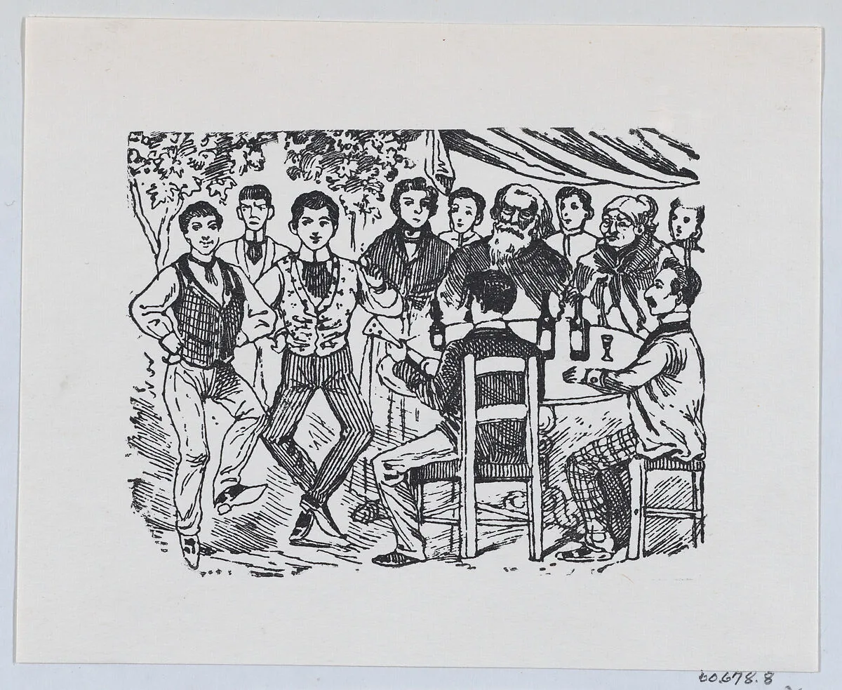 A pair of young men dancing for a crowd of older people — José Sanchez|José Guadalupe Posada