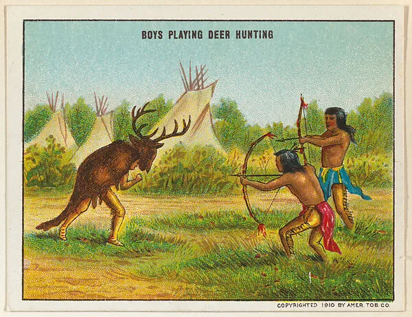 Boys Playing Deer Hunting, from the "Indian Life in the 60's" series (T73), issued with Hassan Cork Tip Cigarettes by the American Tobacco Company — American Tobacco Company