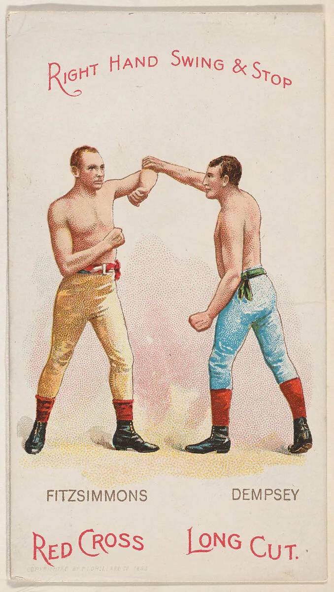 Right Hand Swing and Stop, Bob Fitzsimmons and Jack Dempsey, from the Boxing Positions and Boxers series (N266) issued by P. Lorillard Company to promote Red Cross Long Cut Tobacco — P. Lorillard Company|H.A. Thomas & Wylie Lithographer Co., New York