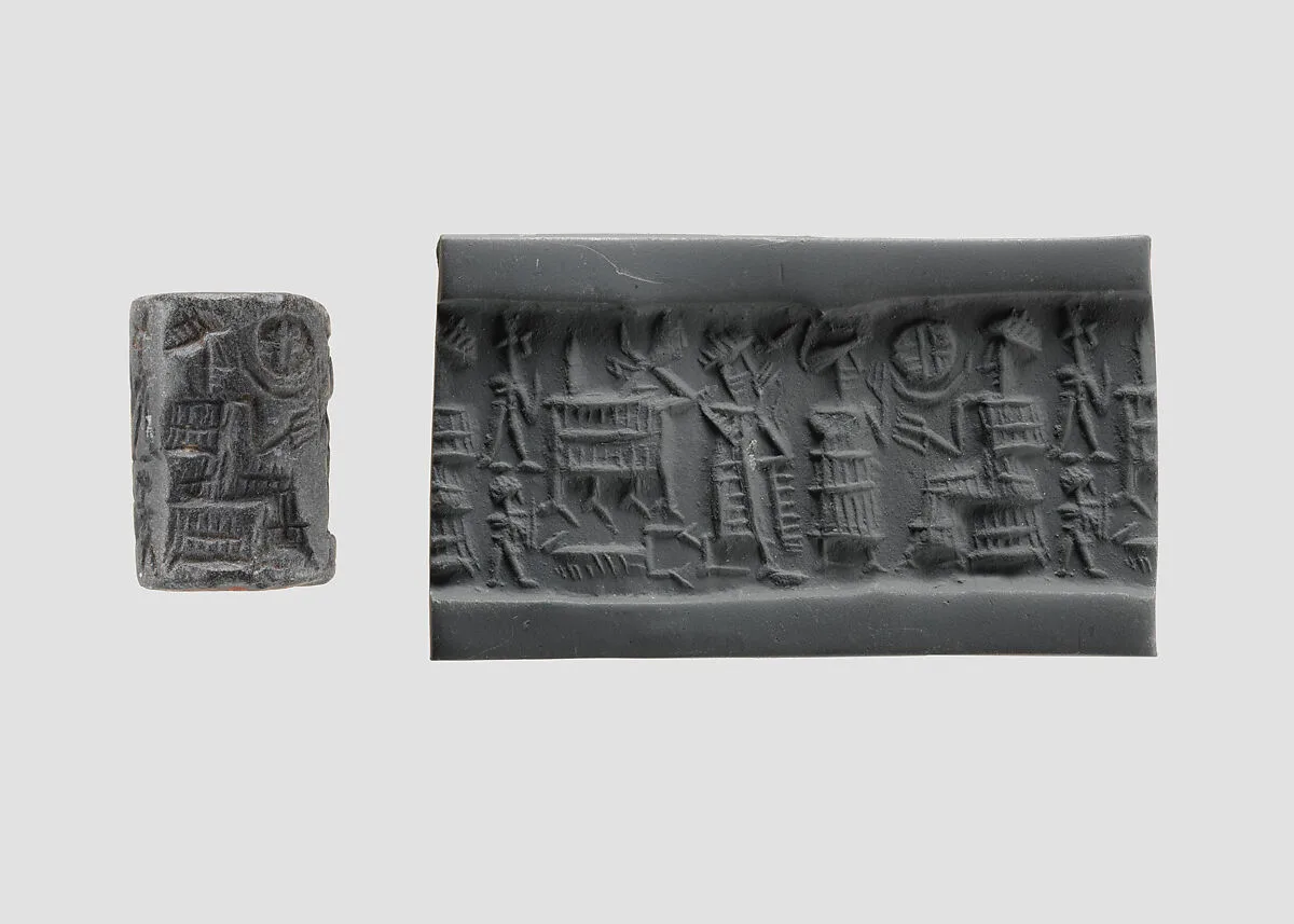 Cylinder seal and modern impression: seated figure approached by a goddess leading a worshiper — Unknown