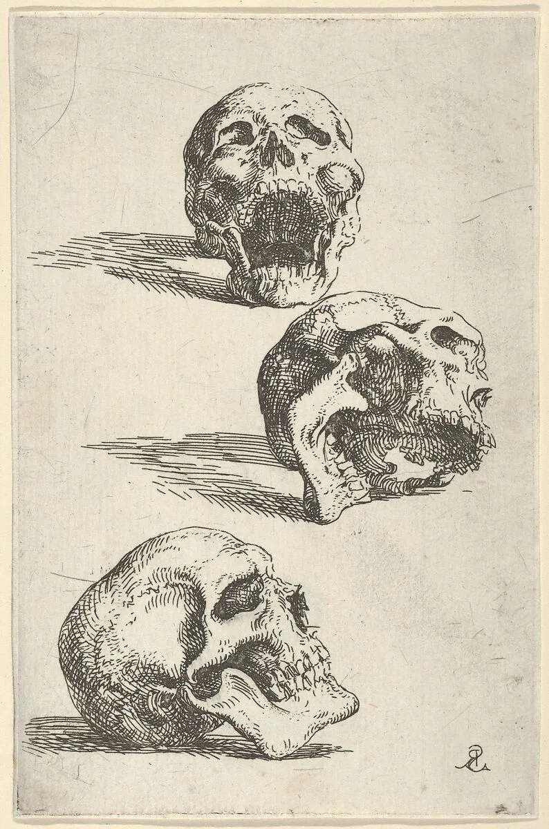 Three human skulls, study for "Democritus in Meditation" — Salvator Rosa