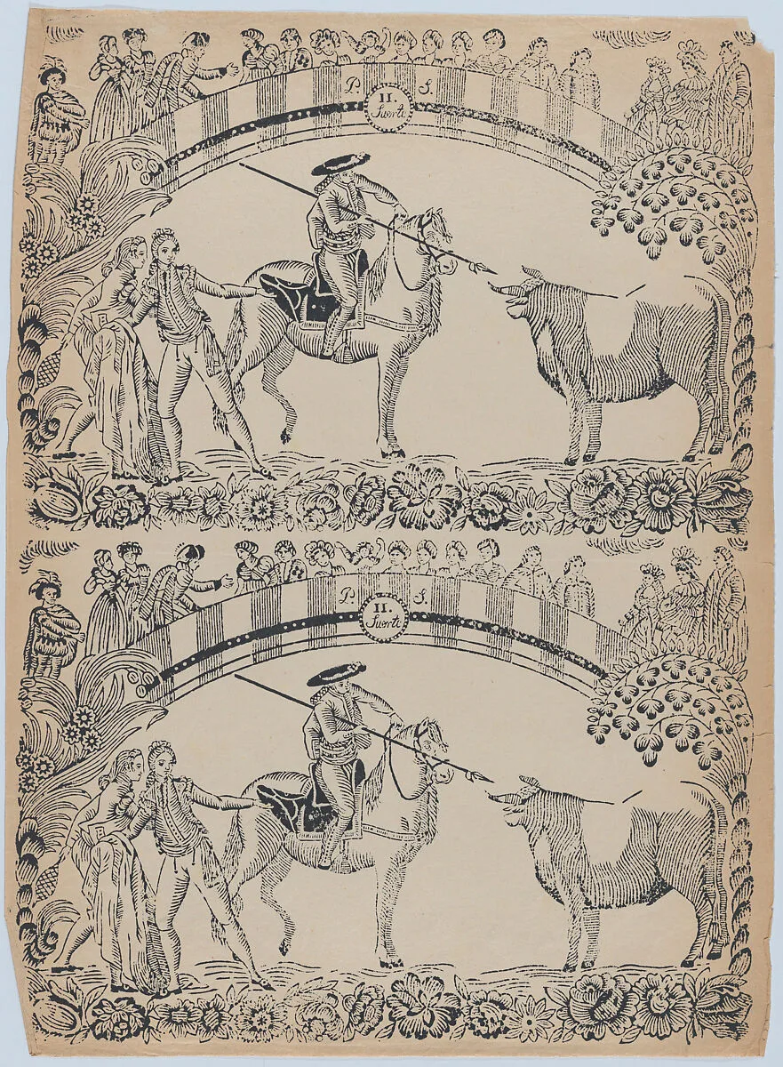 Suerte II: Picador on horseback about to stab a bull with a pique; two toreros behind him to left (two impressions on the same sheet) — Antonio Carnicero|Anonymous, Spanish, 19th century