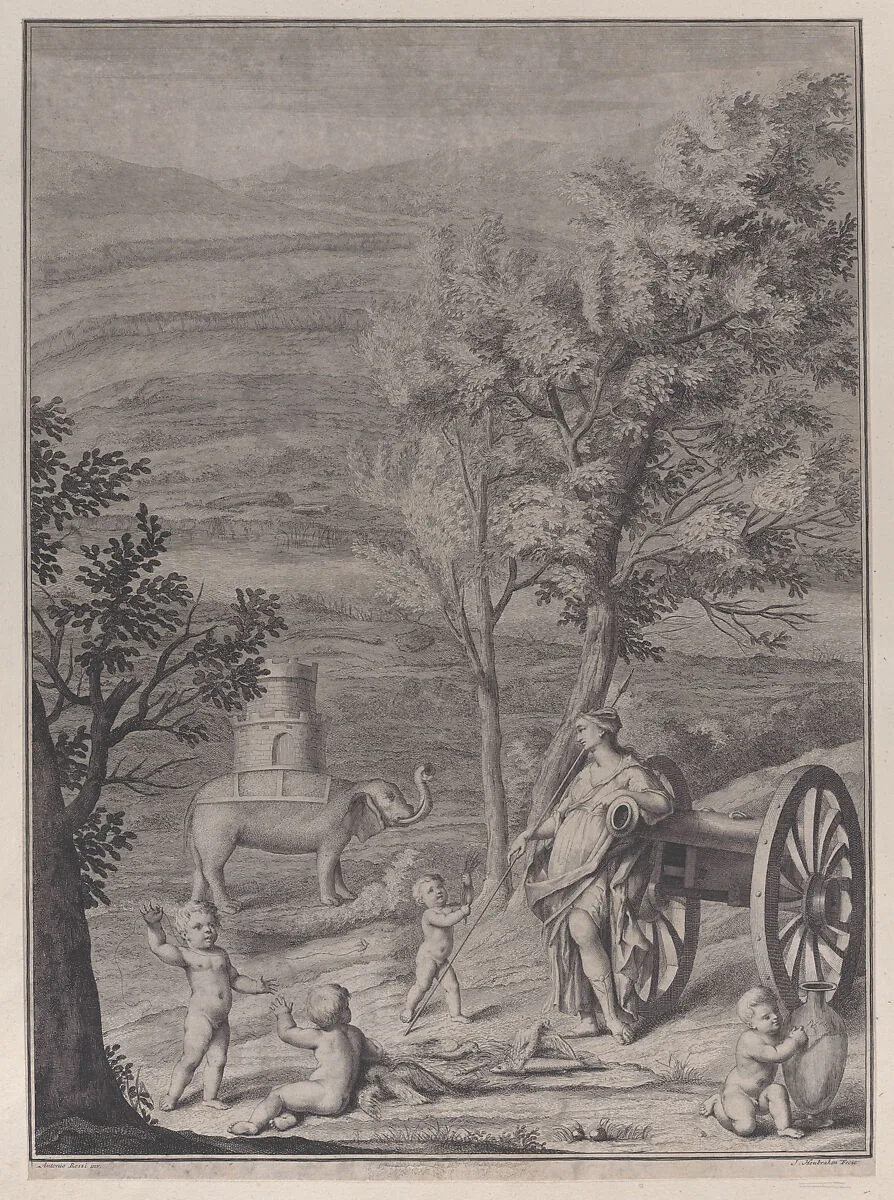 A woman standing against a cannon at right, putti in the foreground, and an elephant with a tower on its back in the background at left, from 'Danubius Pannonico-Mysicus' (Volume 3) — Antonio Rossi|Jacob Houbraken