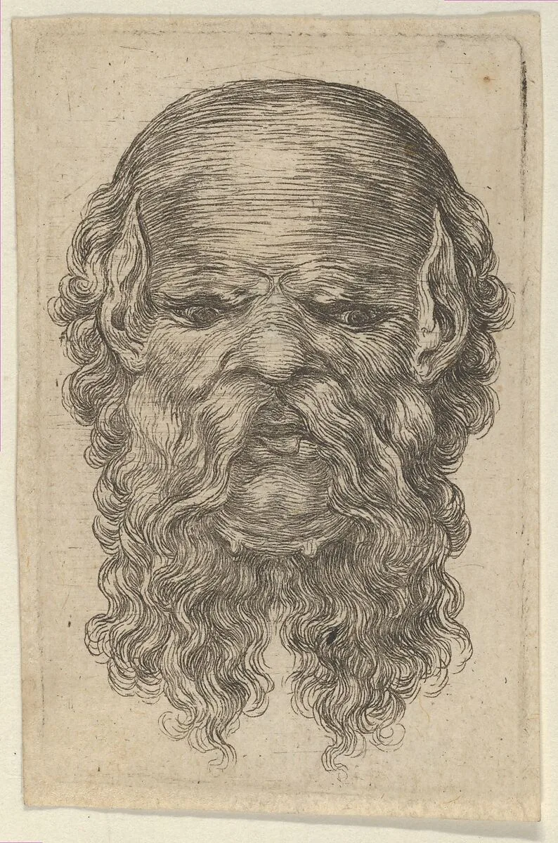 Mask of a Bald Man with Pointed Ears and a Long, Parted Beard, from Divers Masques — François Chauveau|Jacques Van Merlen
