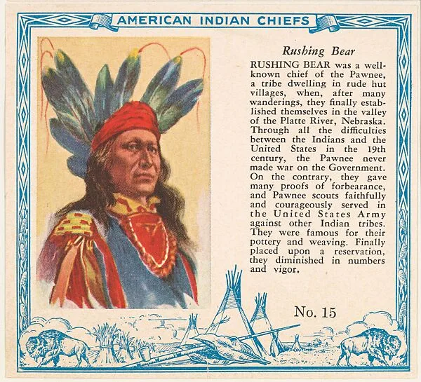 Card No. 15, Rushing Bear, from the Indian Chiefs series (T129) issued by Red Man Chewing Tobacco — Red Man Chewing Tobacco