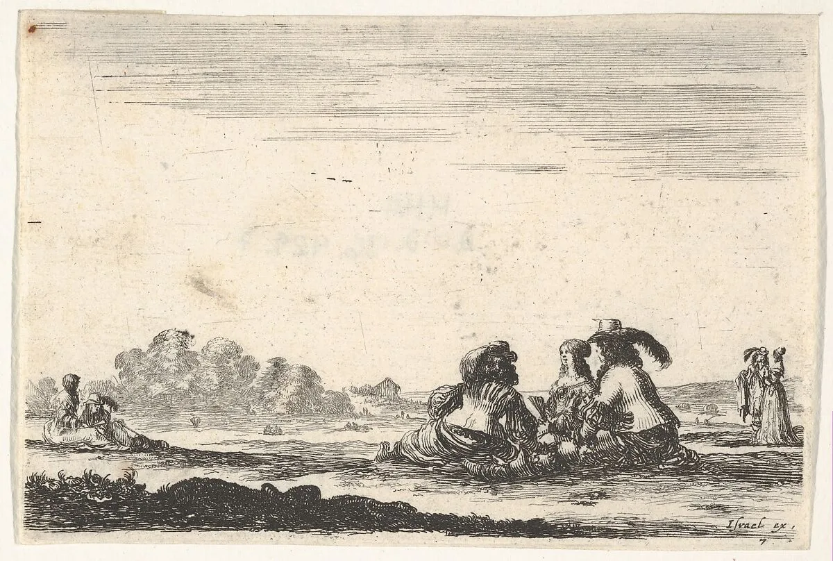 Plate 7: Two noblemen seated in center, seen from behind, conversing with a noblewoman seated between them, a noblewoman and man seated to left in background and standing to right in background, from 'Various Figures' (Agréable diversité de figures) — Stefano della Bella|Israël Henriet