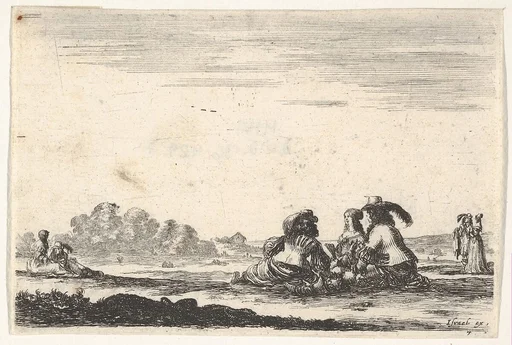 Plate 7: Two noblemen seated in center, seen from behind, conversing with a noblewoman seated between them, a noblewoman and man seated to left in background and standing to right in background, from 'Various Figures' (Agréable diversité de figures)
