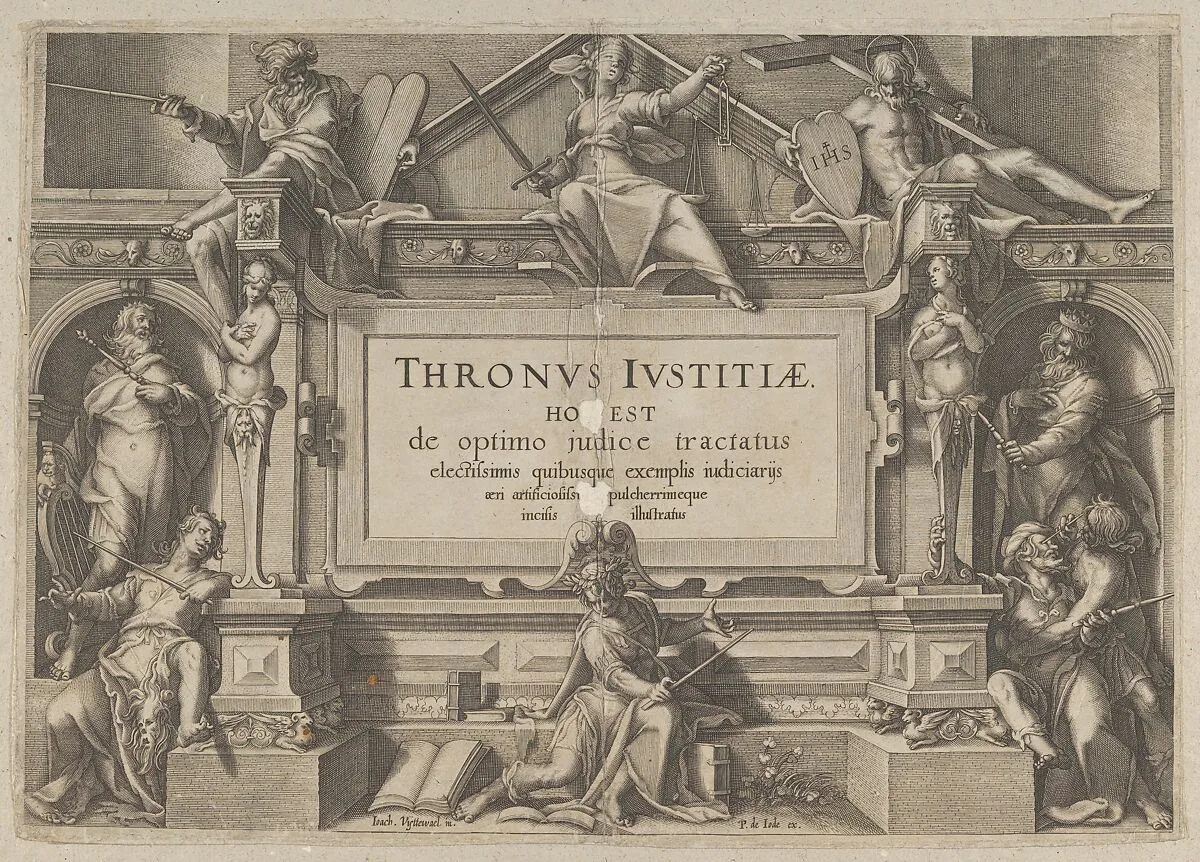Title Page Set in an Architectural Frame with Allegorical figures and Christ, from Thronus Justitiae, tredecim pulcherrimus tabulis... — Joachim Wtewael|Willem van Swanenburg|Pieter de Jode I