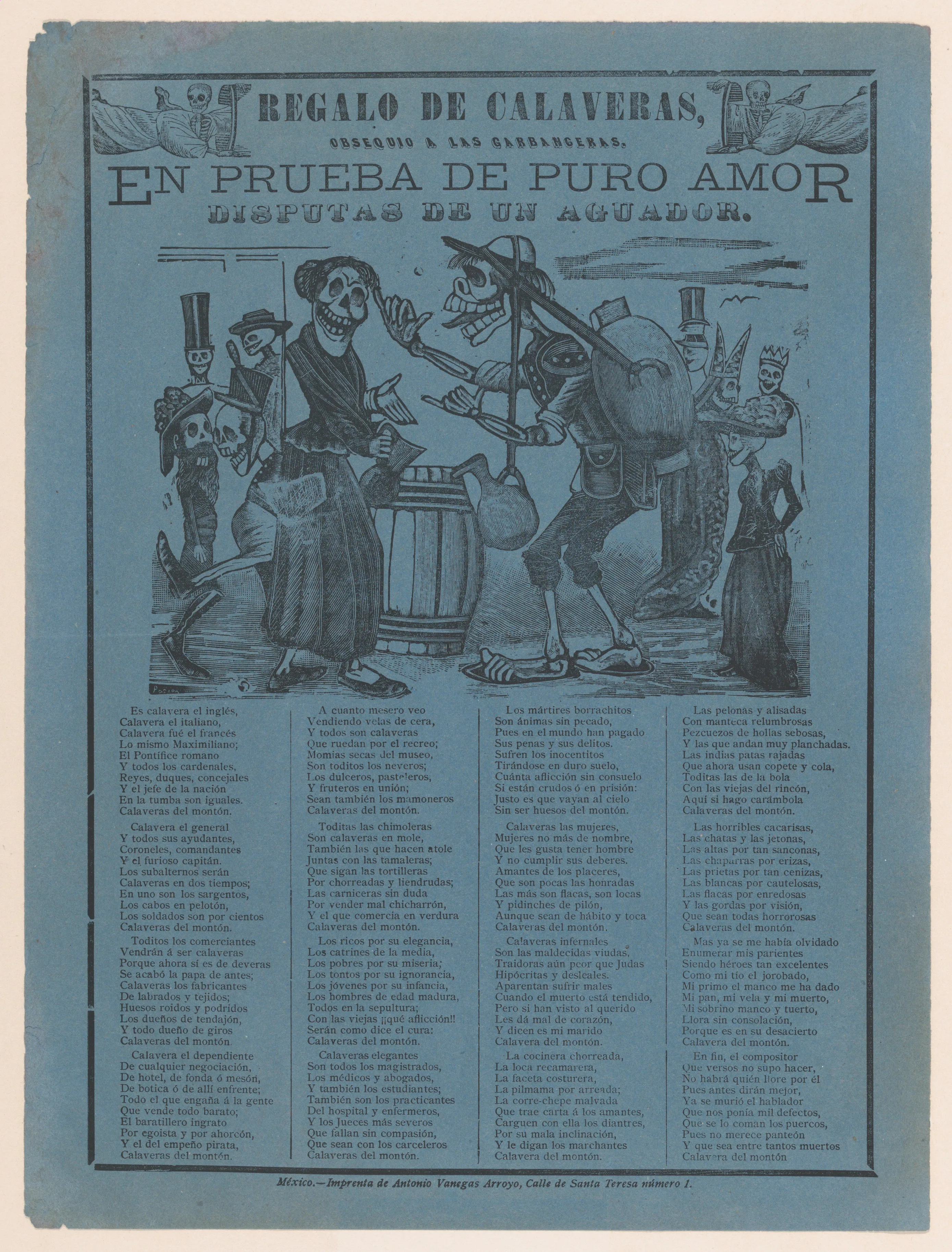 In proof of true love, a watercarrier skeleton arguing with a woman (Posada); two skeleton angels in upper corners (Manilla) — Antonio Vanegas Arroyo|Manuel Manilla|José Guadalupe Posada