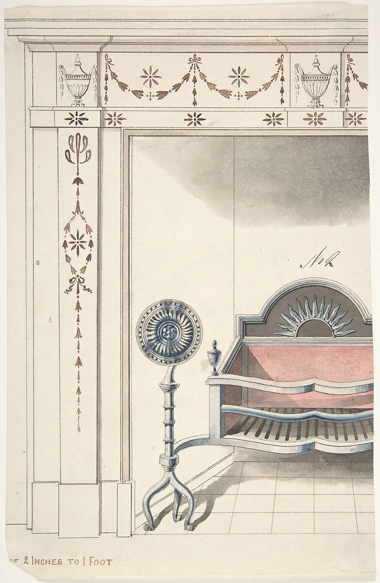 Fireplace and Grate Design with Sunflower Andirons — Anonymous, British, 19th century