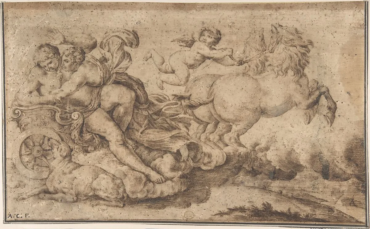 Aurora and Cephalus: Engraver's study after decoration in the Galleria Farnese, Rome — Anonymous, Italian, Roman-Bolognese, 17th century