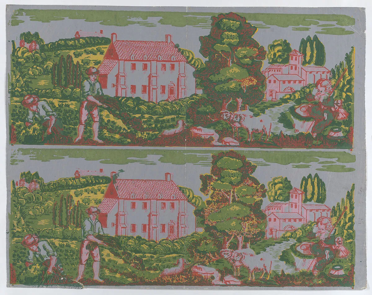 Sheet with two borders with pastoral landscapes on a gray background — Anonymous