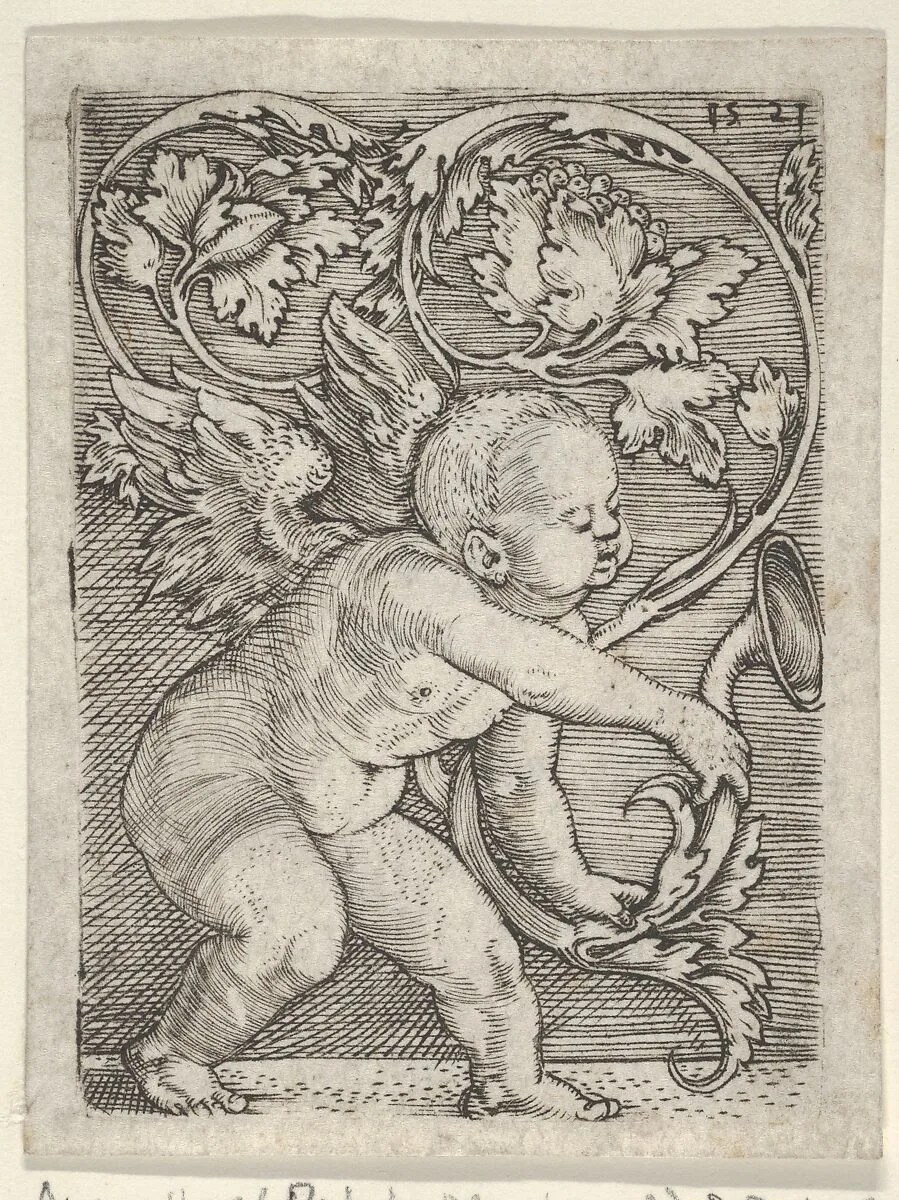 Vertical Panel with Cupid Holding the End of a Plant Sprouting Tendrils — Jacob Binck
