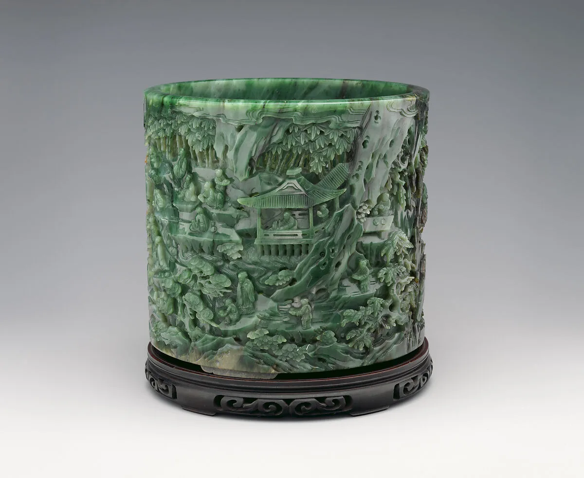清 碧玉蘭亭雅集圖筆筒|Brush holder with gathering at the Orchid Pavilion — Unknown