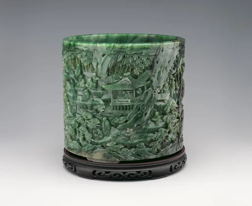 清 碧玉蘭亭雅集圖筆筒|Brush holder with gathering at the Orchid Pavilion