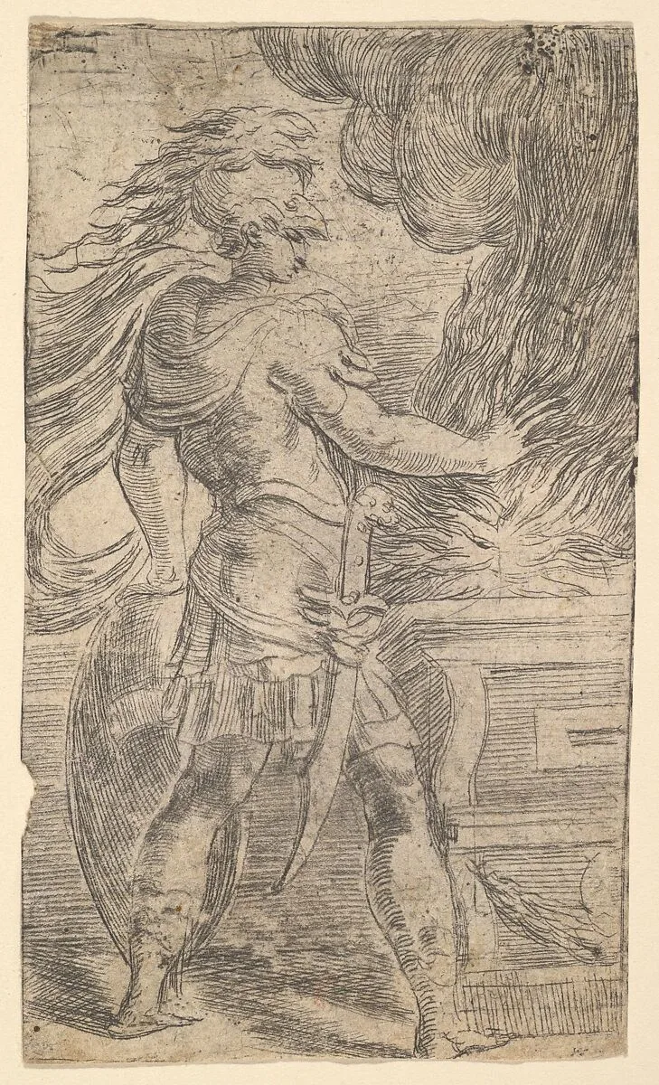 Mutius Scaevola placing his hand in the flames (left half of a composition, the right half of which shows a woman extending her right arm towards an altar) — Parmigianino (Girolamo Francesco Maria Mazzola)|Andrea Schiavone (Andrea Meldola)