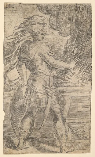 Mutius Scaevola placing his hand in the flames (left half of a composition, the right half of which shows a woman extending her right arm towards an altar)