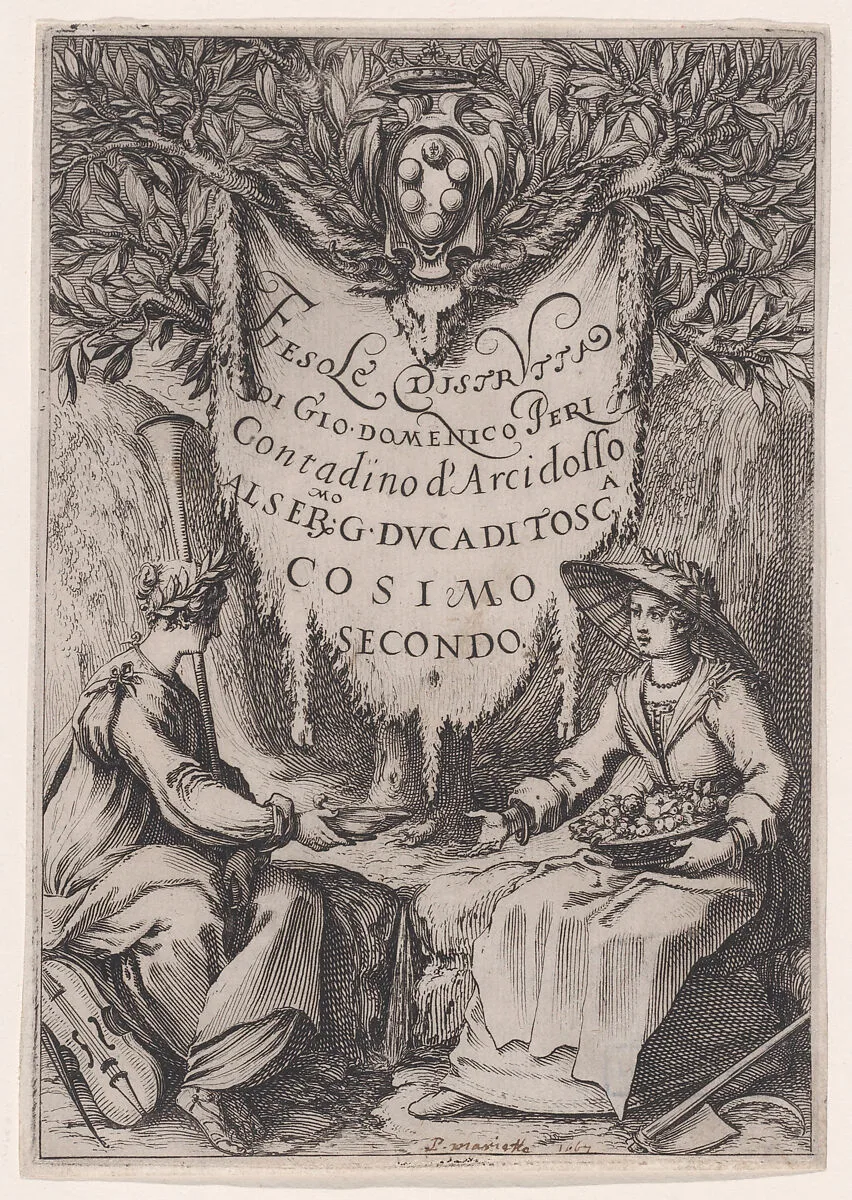 Frontispiece of Fiesole Distrutta, also called La Belle Jardinière, or Poésie et L'Agriculture, or Catakasta — Jacques Callot
