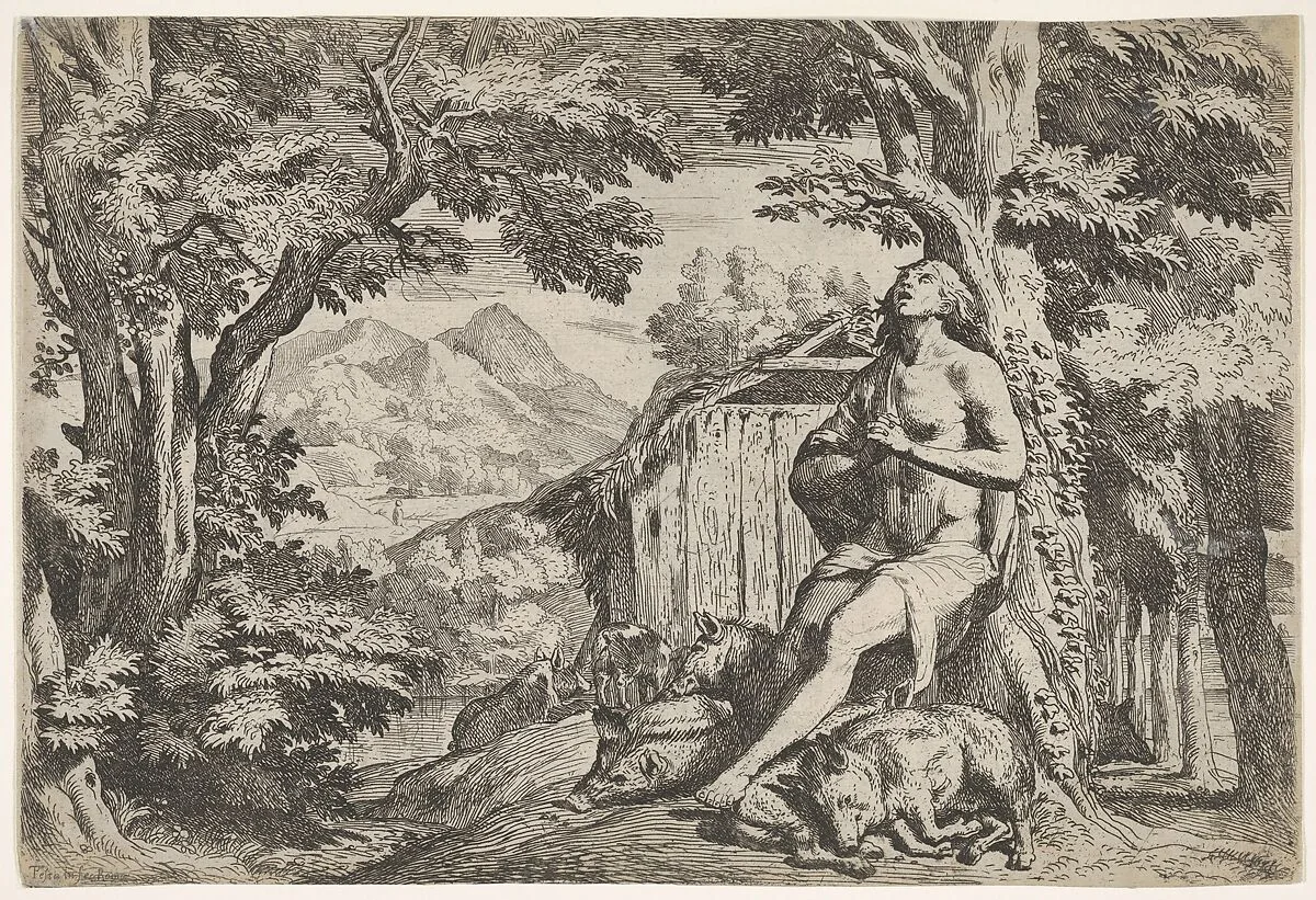 The prodigal son seated at the base of a tree among swine, his gaze directed upward and his hands folded at his chest, surrounded by a wooded landscape and a pigsty — Pietro Testa