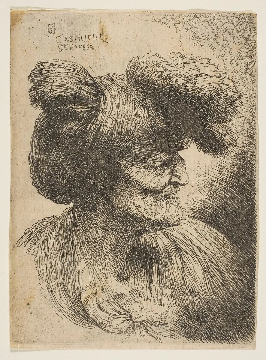 Bust of beardless old man in profile facing right, from "Small Heads in Oriental Headdress" — Giovanni Benedetto Castiglione (Il Grechetto)