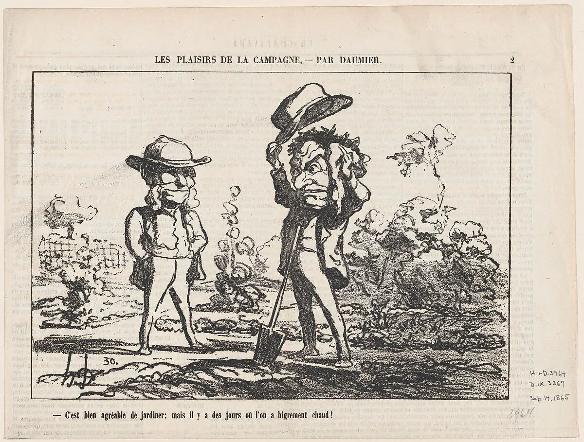 Working in the garden can be fun... but there are days when it is just too damn hot!, from 'The joys of country life,' published in Le Charivari, September 14, 1865 — Honoré Daumier