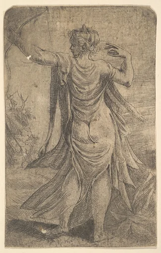Diana firing her bow viewed from behind