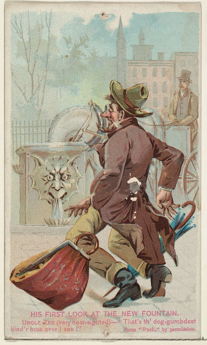 His First Look at the New Fountain, from the Snapshots from "Puck" series (N128) issued by Duke Sons & Co. to promote Honest Long Cut Tobacco — Knapp & Company|W. Duke, Sons & Co.