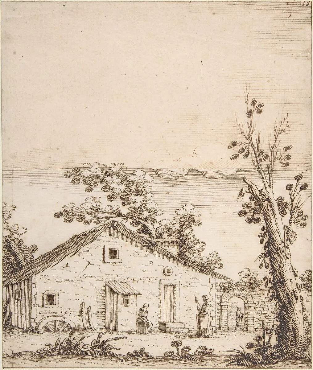 Three Figures by a Rustic Dwelling — Remigio Cantagallina