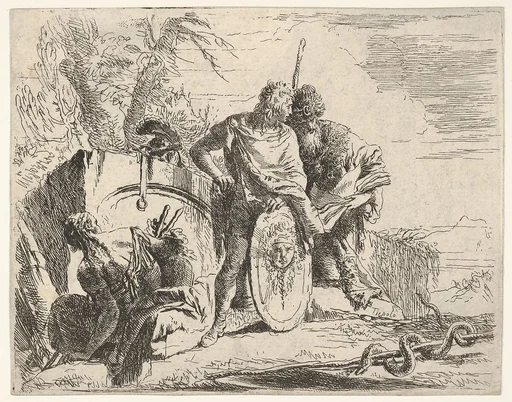 Three figures and a snake coiled around a staff, surrounded by a landscape, the central figure rests his left hand on a shield and leans toward a bearded figure holding a book, from the series 'The Capricci'