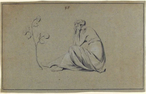 Seated Woman Weeping infront of Flowers