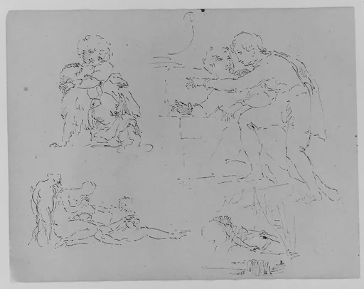 Child with Dog; Two Figures in Encounter; Two Figures and Child Attending to Dying Male [?]; Figure on Deathbed (from Sketchbook)