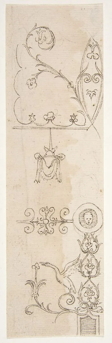 Domus Aurea, unidentified, grotteschi, details (recto) blank (verso) — Anonymous, French, 16th century
