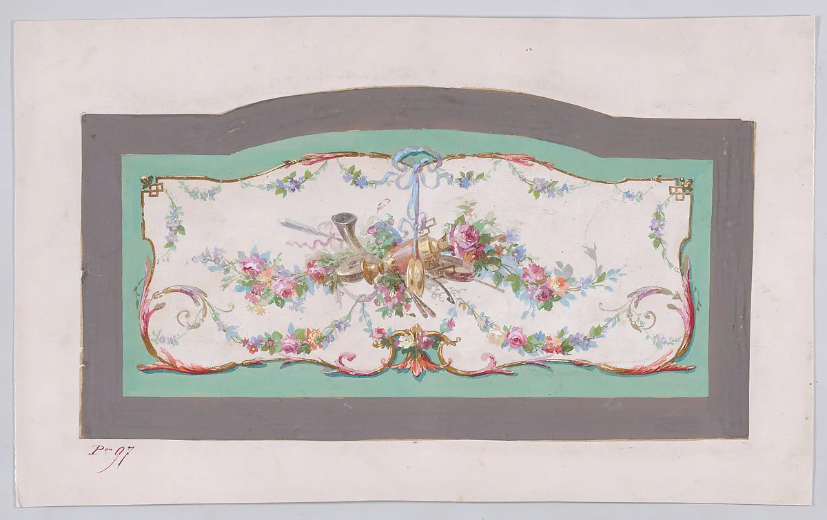 Design for a Sofa Back Cover (?) with an Ornamental Frame Containing a Large Horizontal Garland of Flowers and Leaves with Musical Instruments and a Vase, Decorated with Acanthus Leaves and Two Fleurs de Lys — Anonymous, French, 19th century