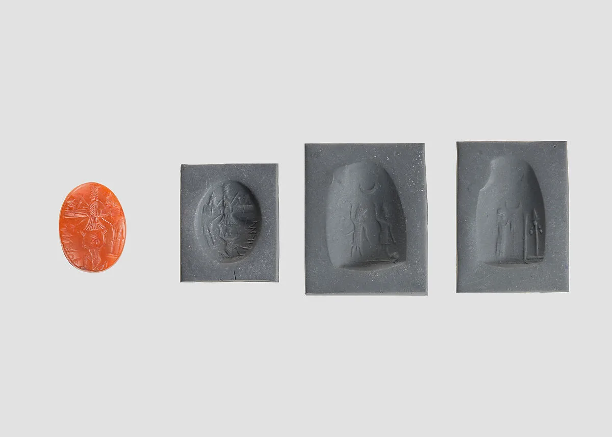 Stamp seal (oval conoid) with cultic scene, deities, and demons — Unknown