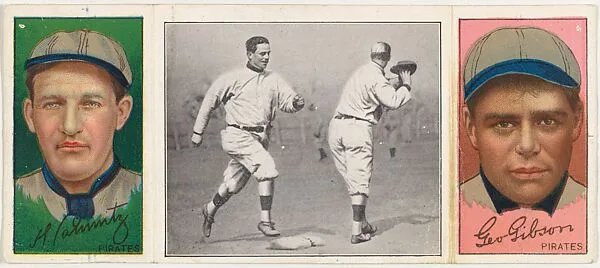 "Donlin Out at First," with Howard Camnitz and George Gibson, from the series Hassan Triple Folders (T202) — Hassan Cigarettes