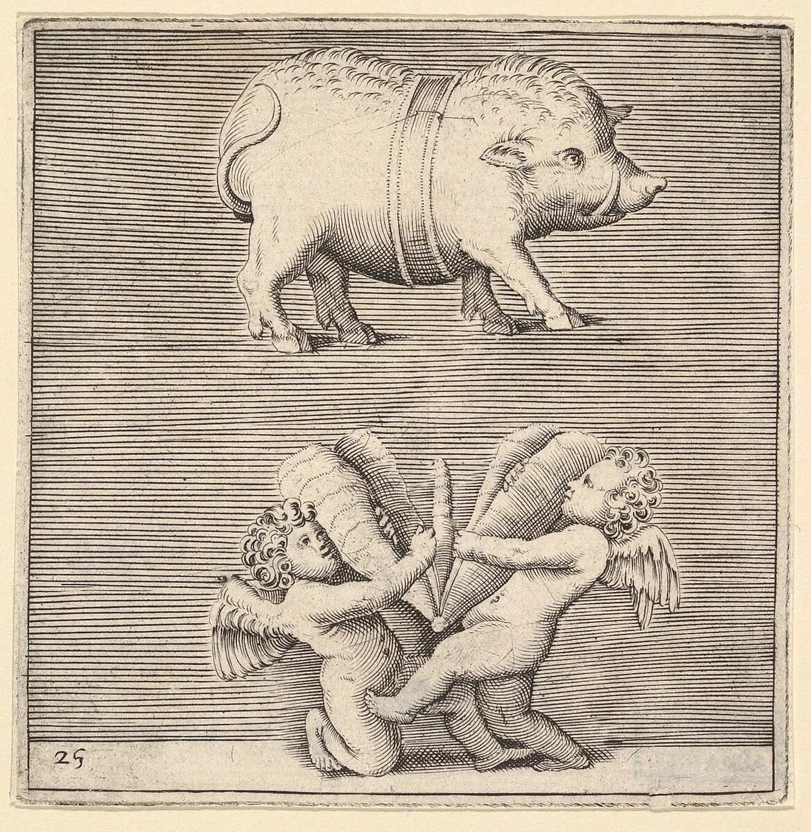 A Belted Pig and Two Cupids (or Geniuses) with a Butterfly (or Moth), from "Ex Antiquis Cameorum et Gemmae Delineata/ Liber Secundus/et ab Enea Vico Parmen Incis" — Francesco Angeloni|Battista Franco|Philippe Thomassin|Enea Vico|Anonymous, Italian, 16th century